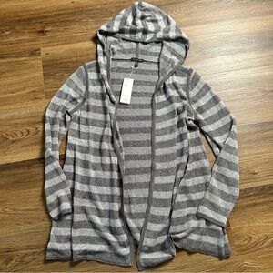 Eileen Fisher Hood A-Line Cardigan Medium Gray Stripe Knit Linen Open Front‎ NWT